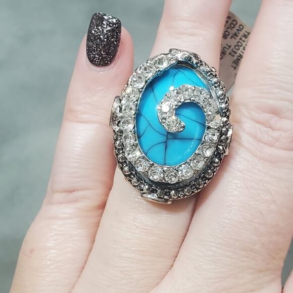 Large faux turquoise Adustable silver Tone ring - Picture 1 of 5